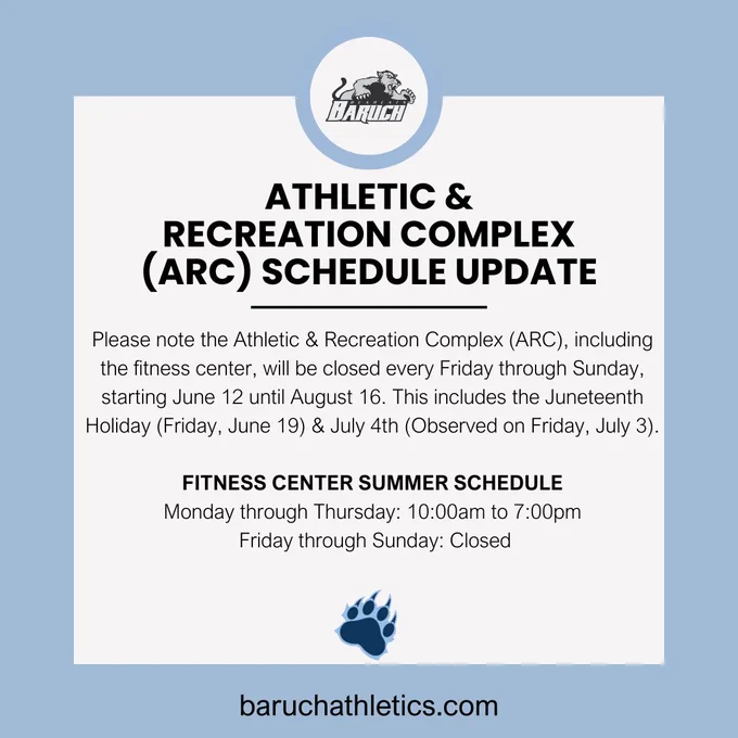Please note the Athletic & Recreation Complex (ARC), including the fitness center, will be closed every Friday through Sunday, starting June 12, until August 16. This includes the Juneteenth Holiday (Friday, June 19) & July 4th (Observed on Friday, July 3).

FITNESS CENTER SUMMER SCHEDULE
Monday through Thursday: 10:00 a.m. to 7:00 p.m.
 Friday through Sunday: Closed