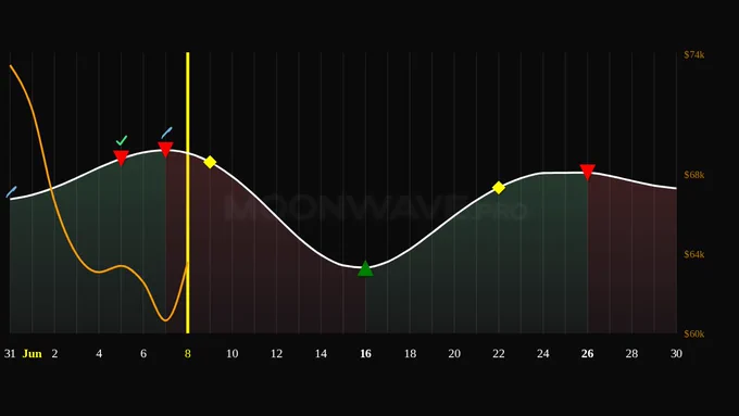 Moonwave 4-week predicted market sentiment chart for June 8, 2026. The chart shows predicted bullish/bearish bias and high-probability buy/sell/derisk points. The price of BTC is represented by an orange line.