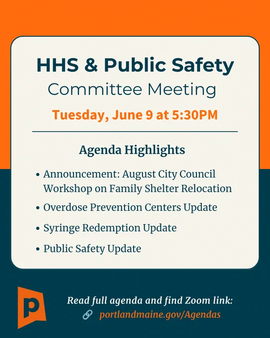 Agenda preview for Health and Human Services & Public Safety Committee Meeting on June 9 at 5:30 PM covering family shelter, overdose prevention, syringe redemption, and public safety updates.