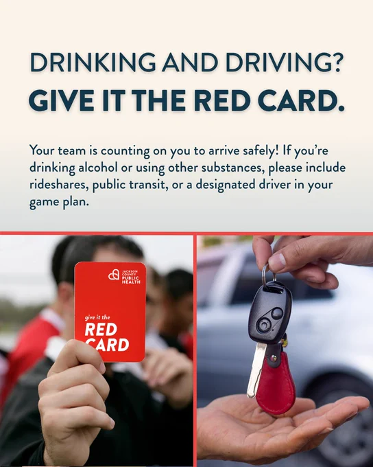 The image is a collage featuring a red card on the left with text "give it the RED CARD" and a logo for Jackson County Public Health. On the right, a hand holds car keys. The background shows an out-of-focus car. The top text reads, "DRINKING AND DRIVING? GIVE IT THE RED CARD." Below, it advises on safe travel options like rideshares or designated drivers.