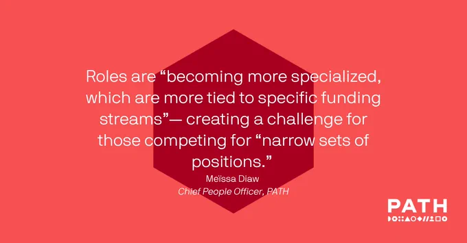 The image features a red hexagon against a red background. Inside the hexagon, there is a quote about roles becoming more specialized, attributed to Melissa Diaw, Chief People Officer at PATH. The PATH logo is in the bottom right corner.