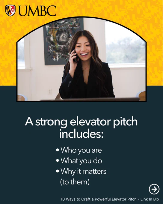 UMBC-branded graphic showing a professional speaking on the phone at a desk. Text reads: “A strong elevator pitch includes: Who you are, What you do, Why it matters (to them).” Footer text: “10 Ways to Craft a Powerful Elevator Pitch – Link In Bio.”