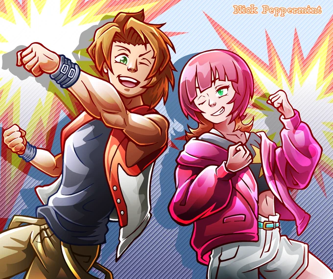 Fanart illustration depicting two characters from Digimon anime series, a male protagonist Daimon Masaru (Marcus Damon) from Data Squad (savers), and female support Reina Sakuya from Beatbreak, standing together in cool poses