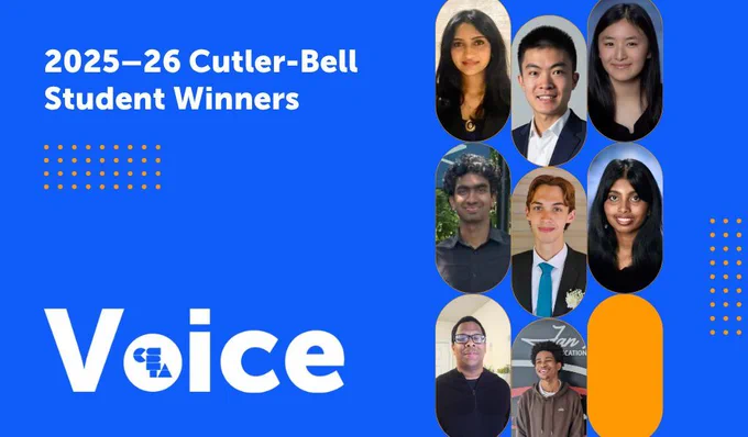 The eight Cutler-Bell Student Winners are shown on the right side of a graphic. On the left are the words, "2025-26Cutler-Bell Student Winners.