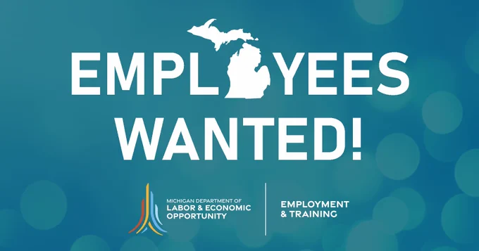 Employees wanted text with o in the shape of the State of Michigan.