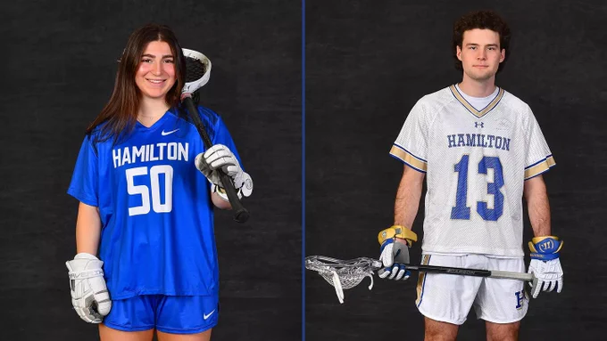 Photos of Hamilton College women's lacrosse goalkeeper Eliza Schwarz and men's lacrosse midfielder Charlie Rooney