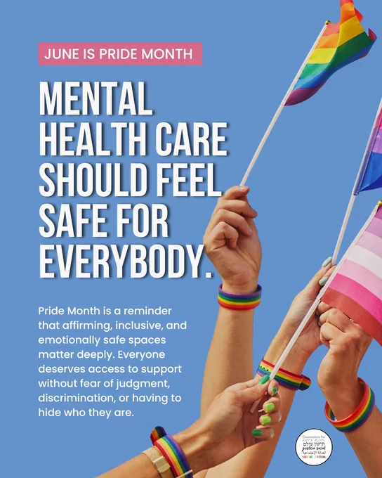 Pride Month flyer with a blue background and people holding rainbow Pride flags and wearing rainbow wristbands. Large text reads, “Mental Health Care Should Feel Safe for Everybody.” The flyer highlights the importance of affirming, inclusive, and emotionally safe spaces where everyone can access support without fear of judgment or discrimination.