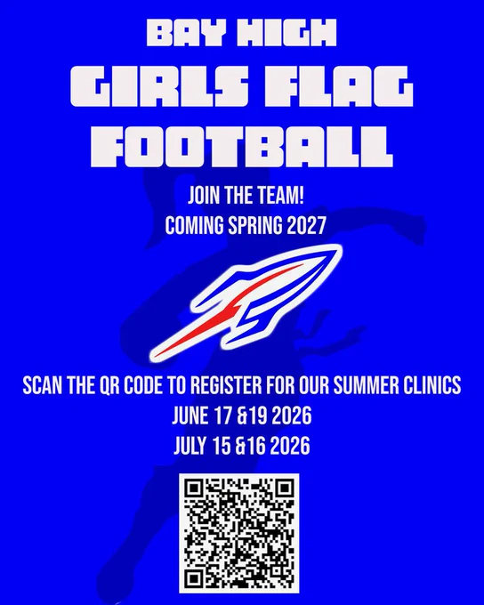 Girls Flag Football Team flyer with June and July summer clinic dates with QR Code for more info.