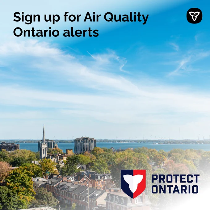 Image of a skyline. Asset text reads “Sign up for Air Quality Ontario alerts”.