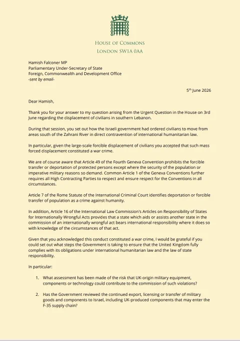 Image of Andy McDonald letter to Minister Hamish Falconer asking how UK is ensuring it does not aid or assist in prosecution of Israeli war crimes in Lebanon.