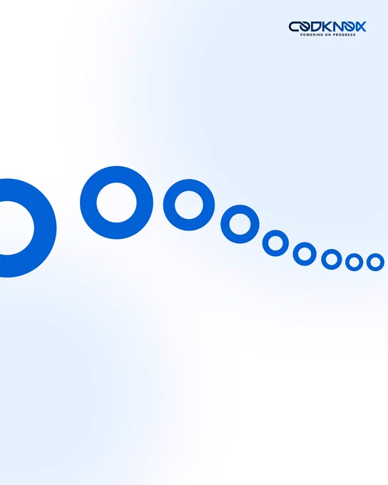 Abstract blue circles forming a dynamic pattern on a split-color background.
