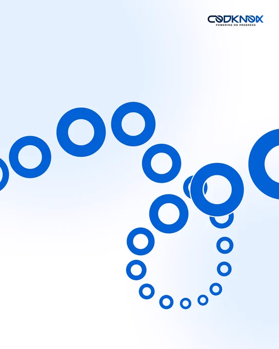 Abstract blue circles forming a dynamic pattern on a split-color background.