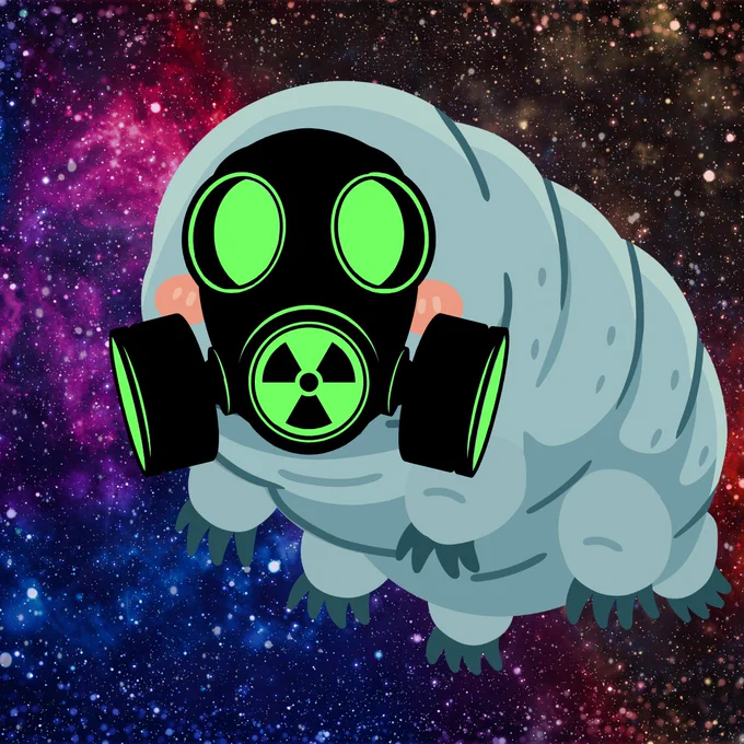 A cartoon illustration of a tardigrade (water bear) wearing a black gas mask with glowing green lenses and a green radiation symbol on the filter canister. The tardigrade's characteristic segmented, chubby gray body and small clawed legs are visible. The background is a deep space scene with swirling purple, pink, and blue nebula clouds and stars.