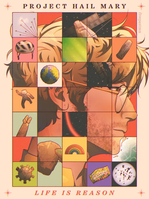 A Project Hail Mary illustration. The artwork consists of a 5x7 grid, with smaller illustrations inside the squares. The smaller illustrations include: the xenonite Tau Ceti system; the Hail Mary drawn across three blocks; Grace’s bicycle helmet; Adrian’s green auroras; the Blip-C capsule; the crocheted Earth; the small xenonite figure; Rocky drawn across three blocks; the Petrova Line; the rainbow from Grace’s blanket; the shoreline on Erid; the Taumoeba collector; the green Skittles pack; and Astrophage as seen through a microscope. The squares differ in background colors. There are “empty” squares that reveal Grace on a red-orange background from beneath the small illustrations, only his side profile visible. He’s smiling softly. The overall artwork has an off-white background. The text above the grid reads “PROJECT HAIL MARY” and the text below it reads “LIFE IS REASON.” There are stars at each corner of the artwork.