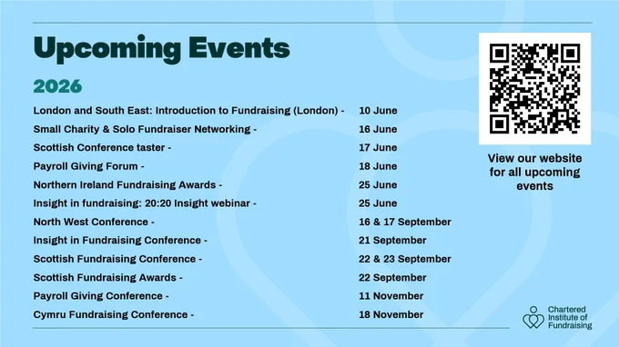 Upcoming events schedule for 2026 by the Chartered Institute of Fundraising, featuring various conferences and forums in locations like London and Northern Ireland, spanning from June 10 to November 18. A QR code is present to view additional event details on their website.