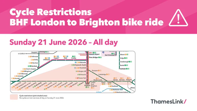 Map showing all day cycle restrictions during the BHF London to Brighton bike ride on Sunday 21 June 2026, with a pink shaded area indicating where no cycles are allowed on train services.
 
The cycle restrictions will affect routes between Angmering/Polegate/Haywards Heath and Brighton, and between Haywards Heath and Polegate.