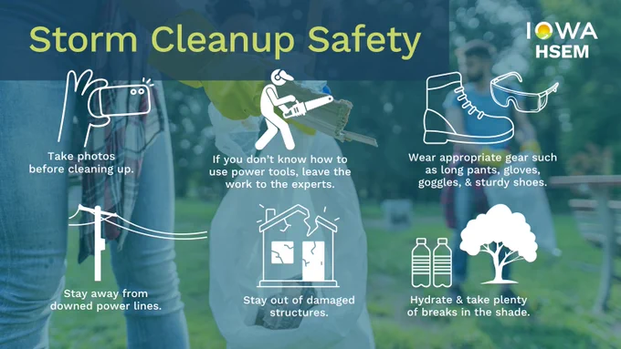 People with garbage bags cleaning up park.
Storm Cleanup Safety --
Take photos before cleaning up. If you don't know how to use power tools, leave the work to the experts. Wear appropriate gear such as long pants, gloves, goggles, and sturdy shoes. Stay away from downed power lines and out of damaged structures. Hydrate and take plenty of breaks in the shade.
