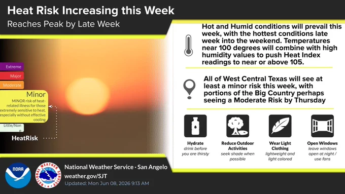 Graphic on the left shows the heat risk outlook, while text on the right provides additional details.