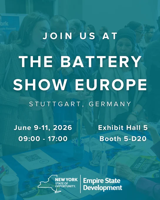 A transparent teal overlay in top of an image of a booth at a trade show, in white text the image says: Join us at the battery show Europe, Stuggart Germany, June 9-11, 2026, 09:00-17:00, exhibit hall 5 booth 5-D20