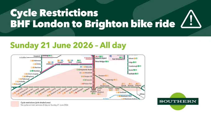 Map showing all day cycle restrictions during the BHF London to Brighton bike ride on Sunday 21 June 2026, with a pink shaded area indicating where no cycles are allowed on train services.
 
The cycle restrictions will affect routes between Angmering/Polegate/Haywards Heath and Brighton, and between Haywards Heath and Polegate.