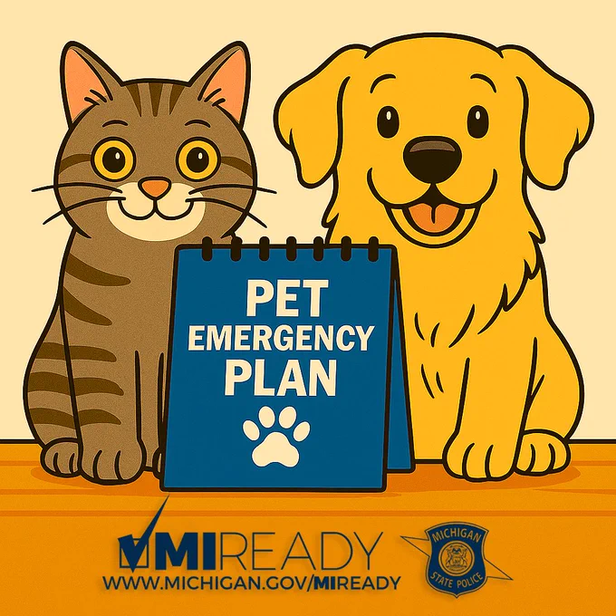 graphic of dog and cat sitting behind a sign that says "Pet Emergency Plan"