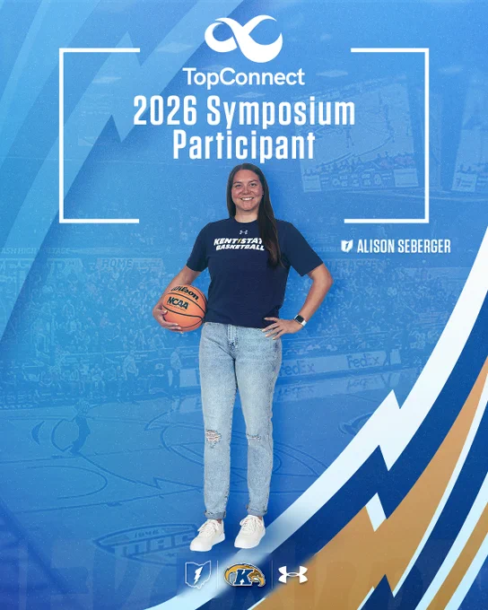 Image of an individual wearing a "Kent State Basketball" t-shirt and jeans, holding a basketball. The background features a basketball court with the text "TopConnect 2026 Symposium Participant" at the top. Logos for TopConnect, NCAA, Kent State University, and Under Armour are present. The name "Alison Seberger" is displayed on the right side.