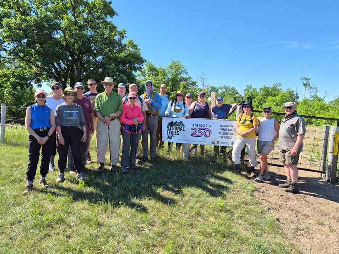 The collective hike participants for the five mile National Trails Day trek to Pidgeon Point.  Forest Service photo by Cory Enger.