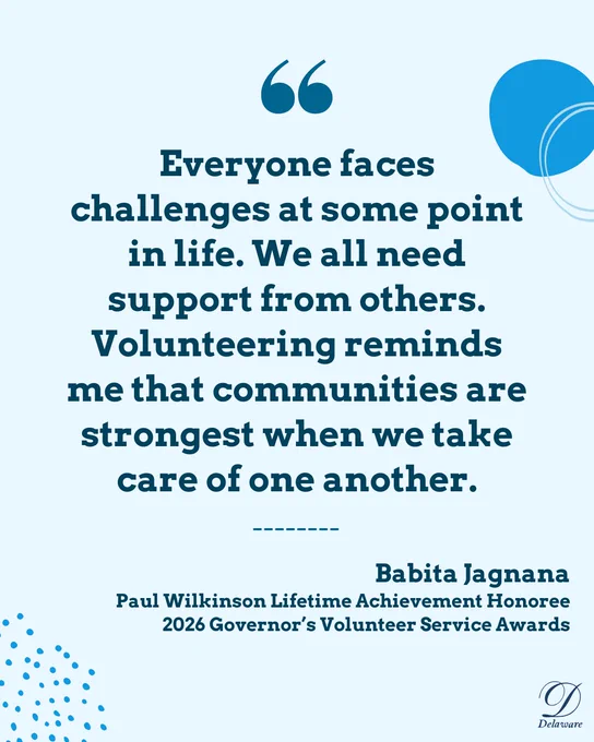 Quote graphic from Babita Jagnana, Paul Wilkinson Lifetime Achievement Honoree at the 2026 Governor's Volunteer Service Awards. The quote reads: "Everyone faces challenges at some point in life. We all need support from others. Volunteering reminds me that communities are strongest when we take care of one another."