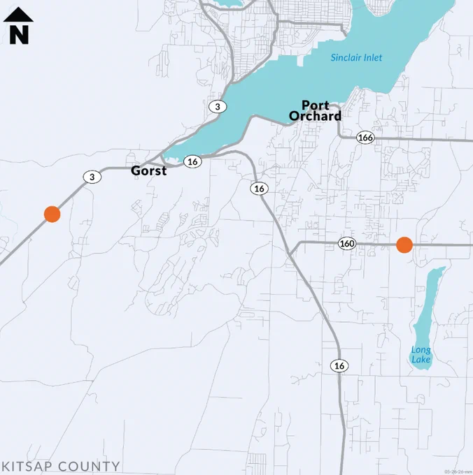 Map of south Kitsap County with orange dots indicating road closures on SR 3 and SR 160/Sedgwick Road.