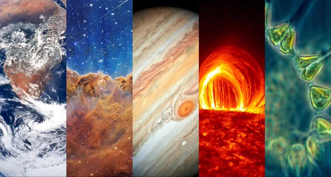Collage for 5 science related images, from left, Earth as seen from space, a deep space nebula as viewed by the James Webb Space Telescope, Jupiter's colorful cloud bands and great red spot, a solar prominence arching out from the surface of the Sun, and a close-up view of green phytoplankton