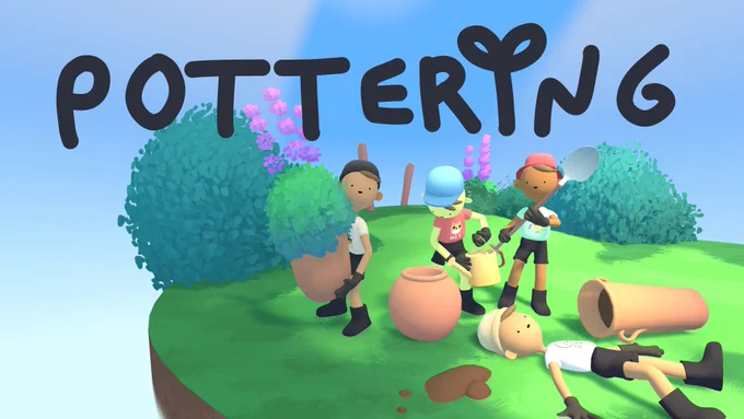 Key art for the game Pottering. The logo is visible above a small grassy and cartoon island. There are four characters: a person holding a pot, a person holding a watering can, a person holding a spade, and a person laying on the floor beside and fallen over pot.