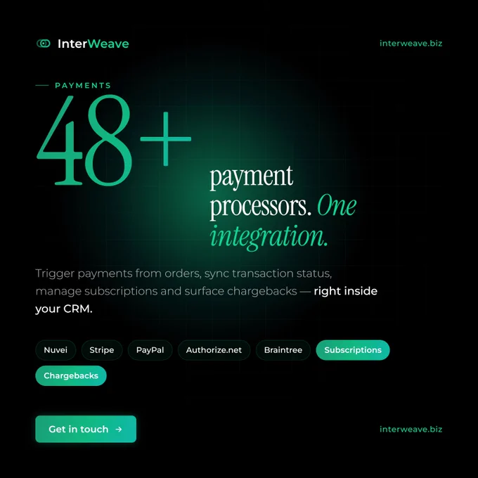 48  payment processors. One integration.
Trigger payments from orders, sync transaction status, manage subscriptions and surface chargebacks — right inside your CRM.
🌐Explore: www.interweave.biz