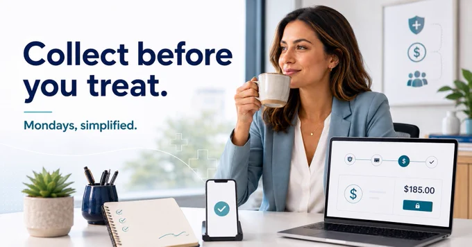 A calm healthcare billing professional sips coffee at a bright office desk beside a laptop and phone showing simplified payment icons. Large text reads: “Collect before you treat. Mondays, simplified.”