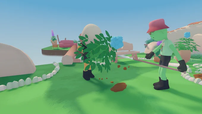 Screenshot showing two characters in a garden area. One is holding some green plants and the other is holding a spade and has just dug a hole.