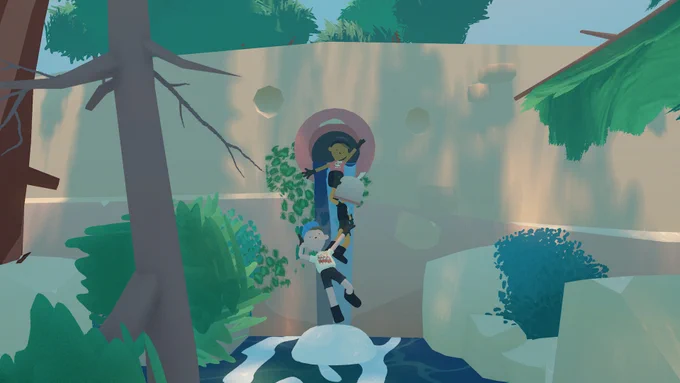 Screenshot showing three characters falling out of a water pipe into a small pond below. There's hints of a forest in the foreground and some greenery in the far background. The pipe is coming out of a large wall that has two grooves in it that make it sort of resemble a face, with the pipe being a mouth.