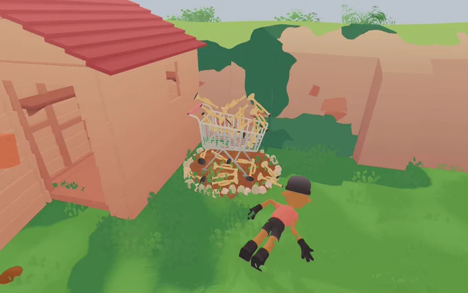 Screenshot showing a small corner of a garden area. There is a garden shed. Beside the shed is a shopping cart filled with trumpets for some reason, and a character who has faceplanted the ground.