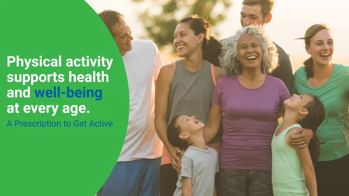 A group of people of all different ages and genders embrace each other laughing and smiling while wearing athletic gear. They are outside surrounded by grass and trees at dusk. A caption reads "Physical activity supports health and well-being at every age. A prescription to get active."