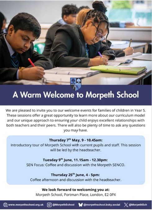 Flyer for Morpeth School welcome events featuring students in class. Invites families to join introductory and discussion sessions with staff.