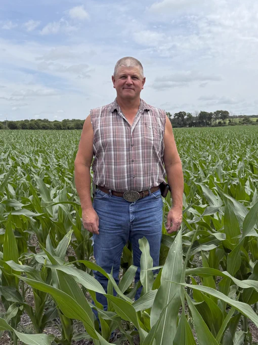 Man with rolled-up sleeves standing in a thriving cornfield.