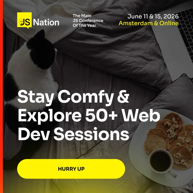 Promotional image for the JS Nation conference happening in June 2026 both in Amsterdam and online, featuring a cozy setup with a cat and breakfast.