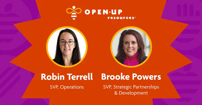 A branded graphic featuring an orange starburst in the middle of a purple background, with circular headshots of Robin Terrell (SVP, Operations) and Brooke Powers (SVP, Strategic Partnerships & Development), recognizing their 10-year leadership milestones. The Open Up Resources logo is centered above their headshots. 