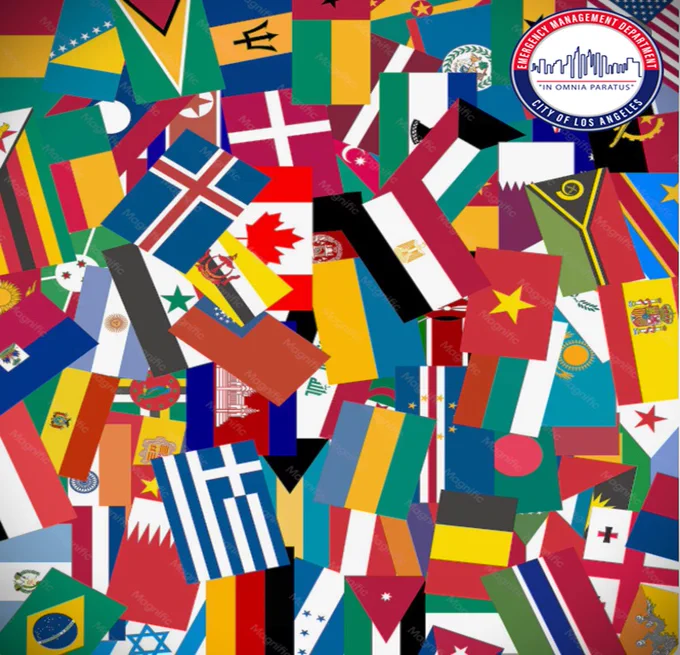 Image shows a collage of maps of countries around the world, with a logo of LA City EMD