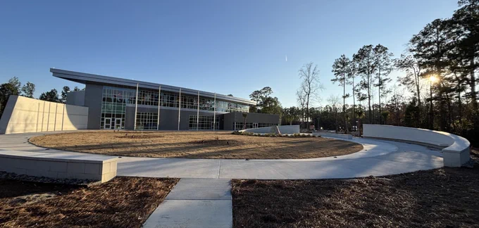 The Carolina Museum of the Marine is shown at daytime from the courtyard at Lejeune Memorial Gardens in Jacksonville, N.C. The Museum opens to the public June 8, 2026.