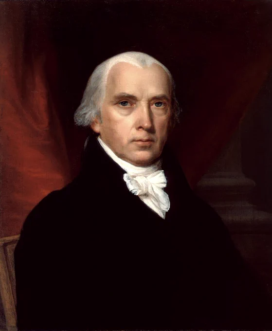 Portrait of a James Madison in 18th-century attire wearing a black coat and white cravat against a dark red and brown background.