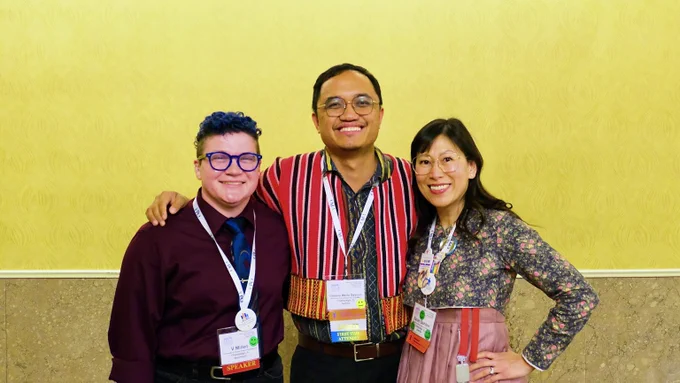 English doctoral student V Millen, Postdoctoral Research Associate Cheeno Marlo Sayuno, and Associate Professor Sarah Park Dahlen. 