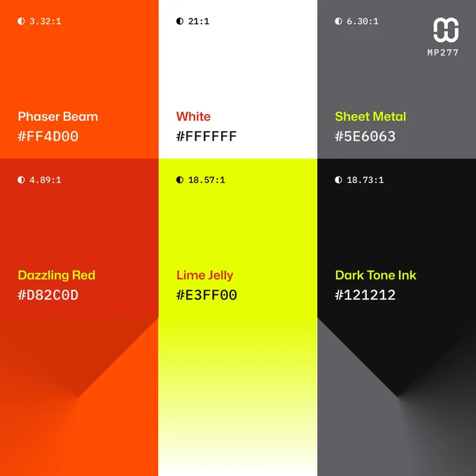 Mindful Palettes Series № 277 - Color dominance grid and sampler with color codes #FFFFFF, #E3FF00, #FF4D00, #D82C0D, #5E6063, and #121212