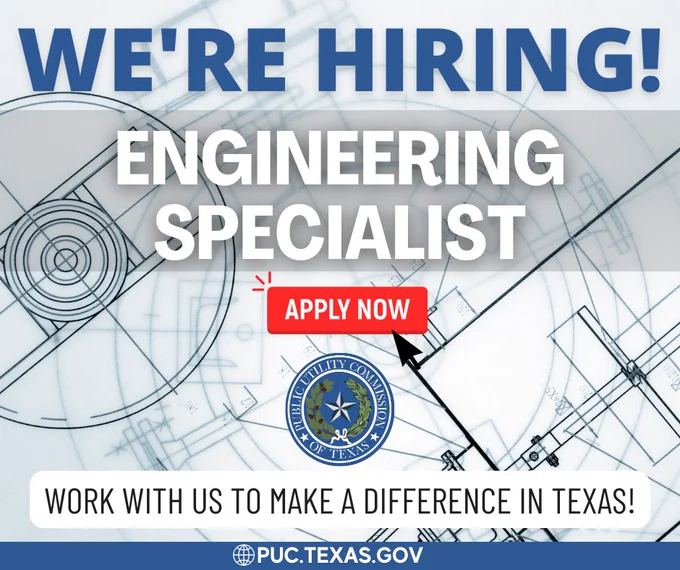 Engineering Specialist job opening announced by Texas Public Utility Commission with blueprint background and apply now button.