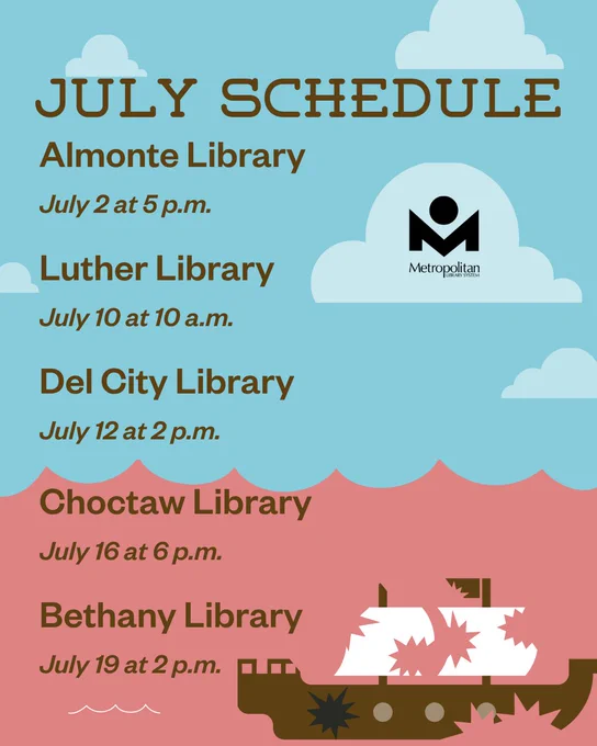 June schedule listing events at the Almonte, Luther, Del City, Choctaw and Bethany libraries with dates and times.