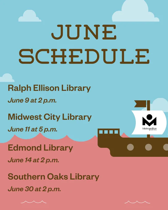 June schedule listing events at the Ralph Ellison, Midwest City, Edmond and Southern Oaks libraries with dates and times.