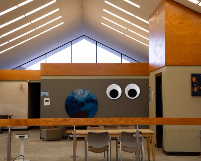 The Benedictine Library with googly eyes attached to a wall.